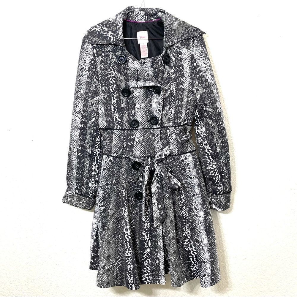 Candie’s Grey Black White Snake Print Tie Belt Trench Style Coat Jacket